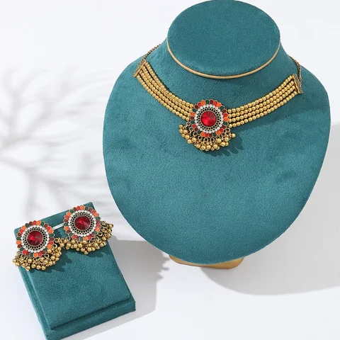 Винтажное ожерелье с подвеской в виде красного цветка с кристаллами, серьги, женское ожерелье с крупными этническими золотыми бусинами
