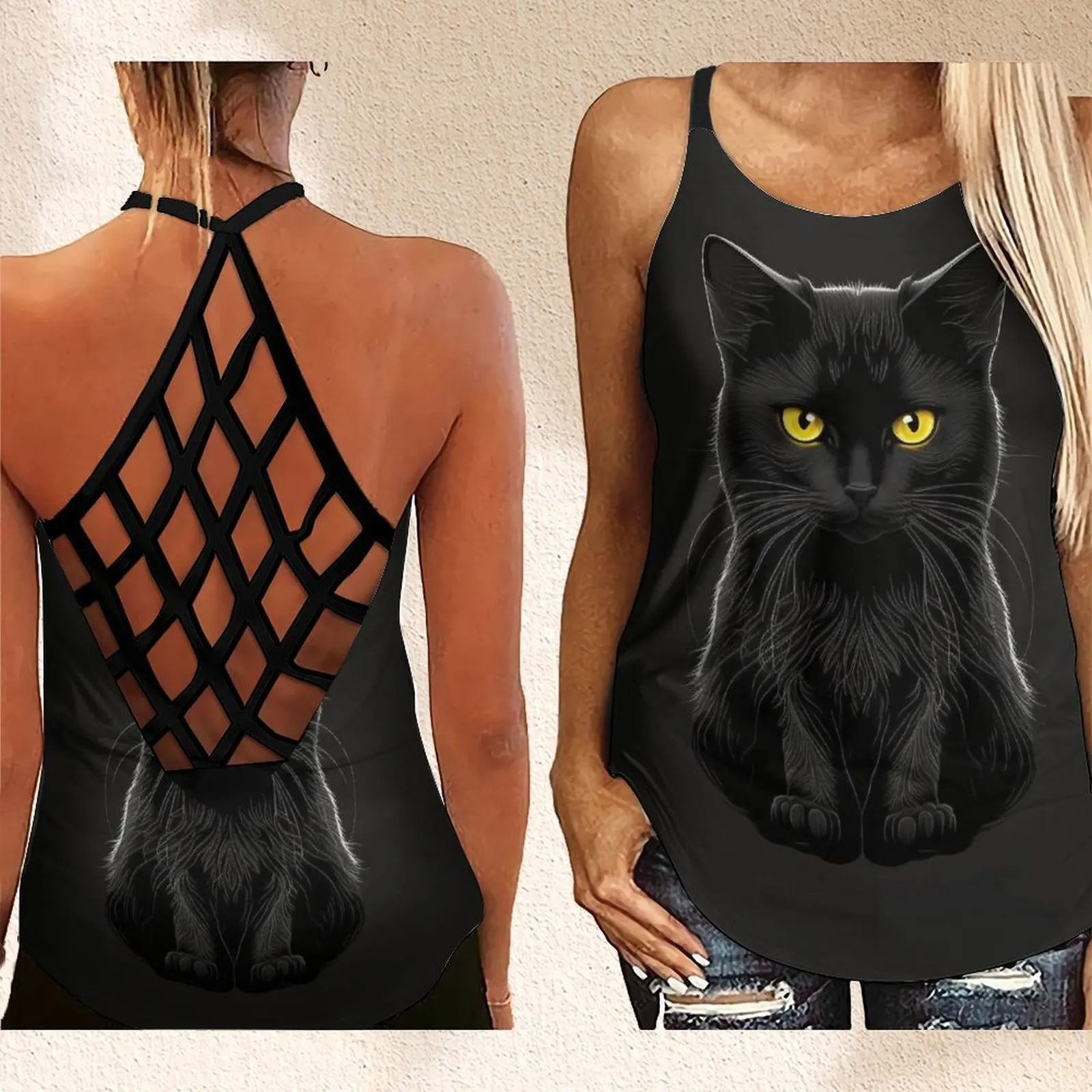 

Women's Fashion Backless Sleeveless Hollow Out Cute Cat Logo Black Cat Print Cross Cross Tank Top Women Tank Top XS-8XL