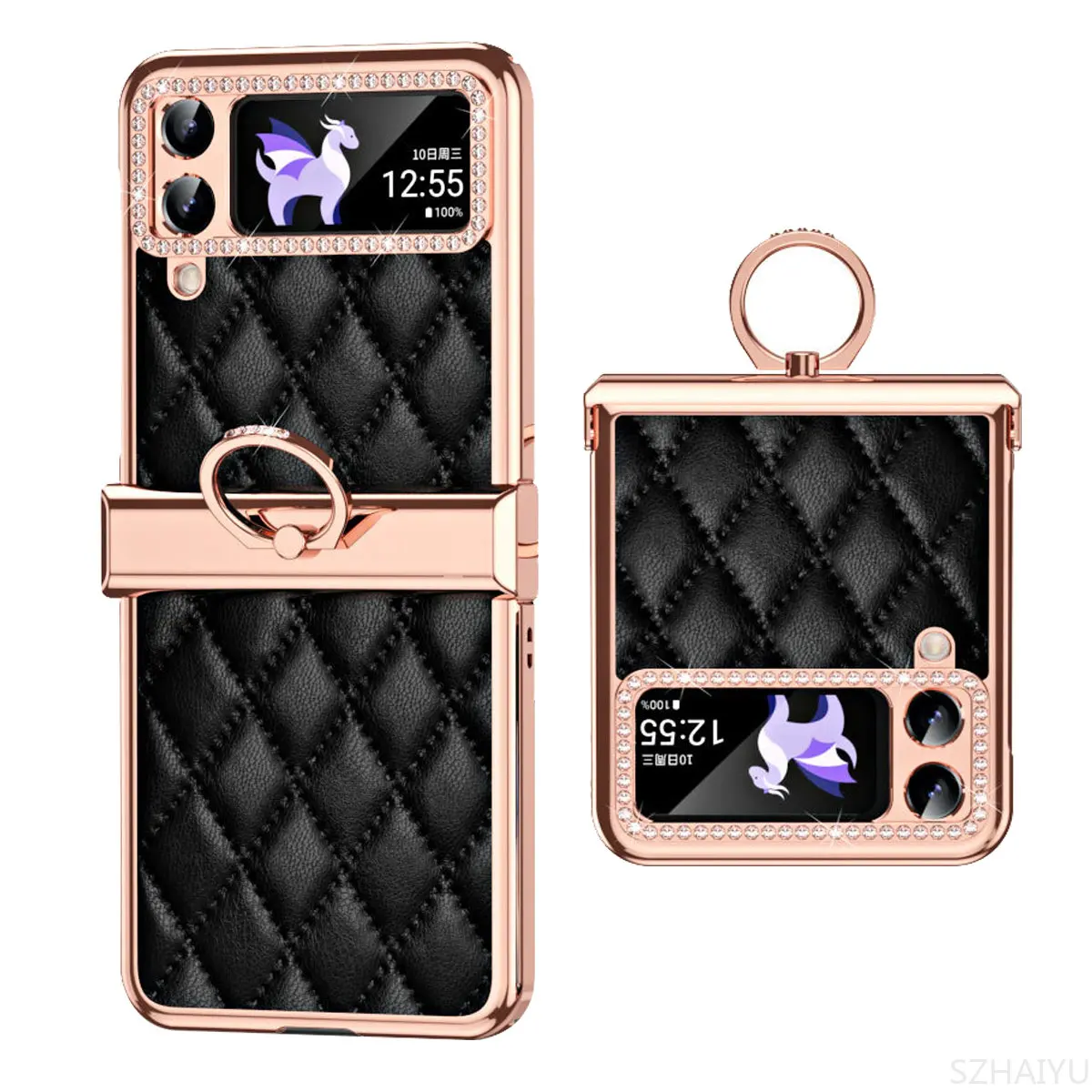 

Luxury Bling Glitter Leather Cover For Samsung Galaxy Z Flip 4 Flip4 5G Folding Hinge Protection Ring Holder Stand Phone Case