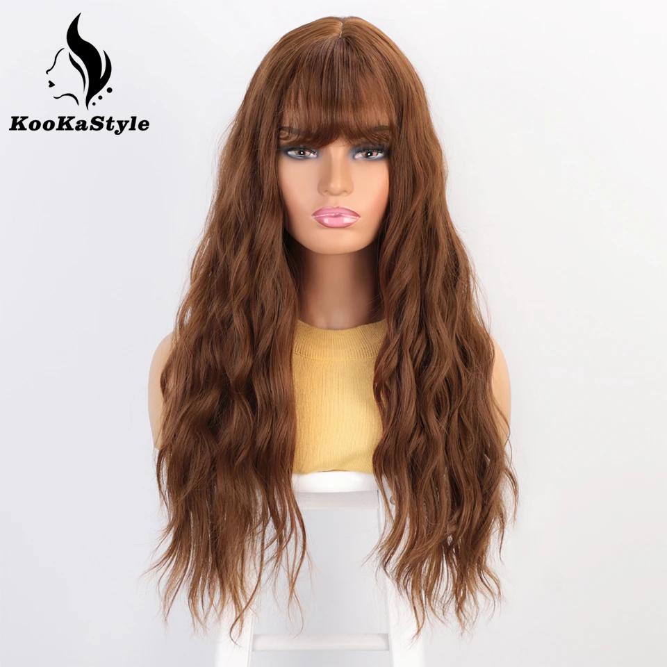 

Long Brown Synthetic Wig with Bangs Water Wave Wigs for Women Cosplay Pink Red Blue Blonde Wigs Heat Resistant Fiber