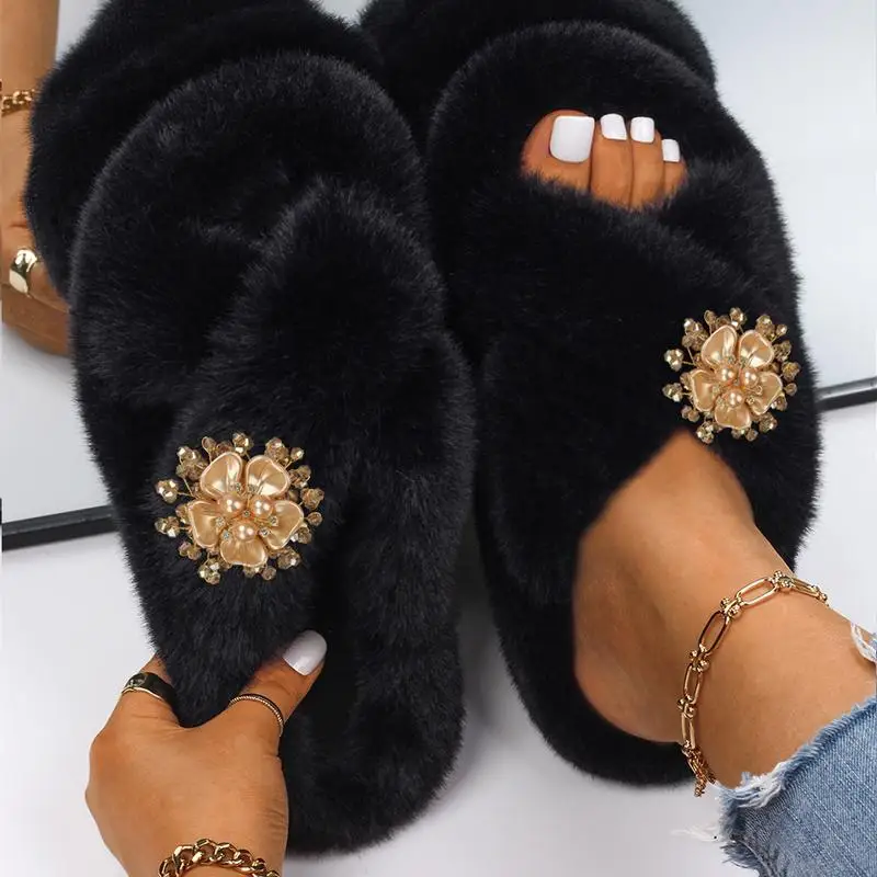 Women Winter Home Fur Slippers Indoor Warm Flower Decor Shoes Non-slip Soft Winter Faux Fur Slippers Bedroom Floor Shoes
