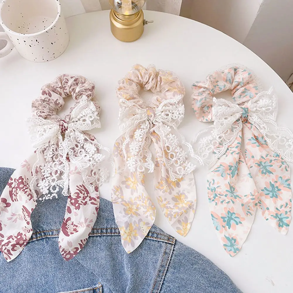 

Korean Style Sweet Lace Bow Scrunchies Hair Band Pastoral Style Ponytail Holder Temperament Elegant Hair Rope