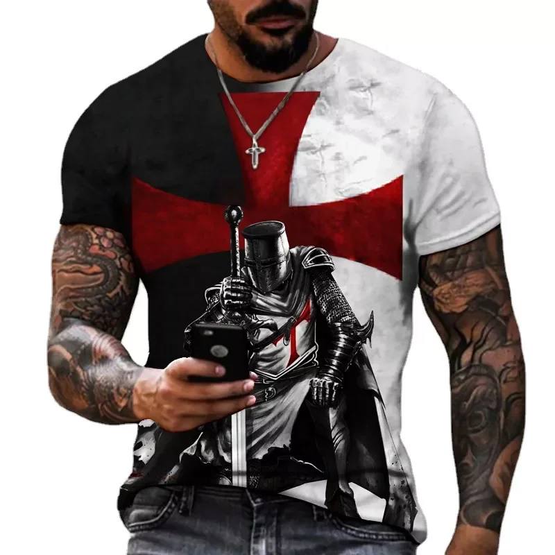 

NEW IN Pattern Knights Templar 3D Print T-Shirt Retro Style Of European And American Street Short Sleeve T Shirt Men Tops Tees