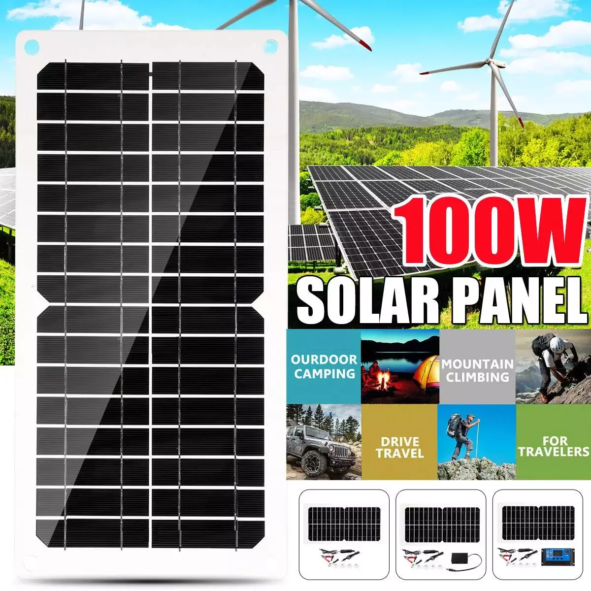 

NEW 100W Solar Panel 18V PET USB Power Portable Outdoor Cycle Camping Hiking Travel Solar Cell Phone Charger With Controller