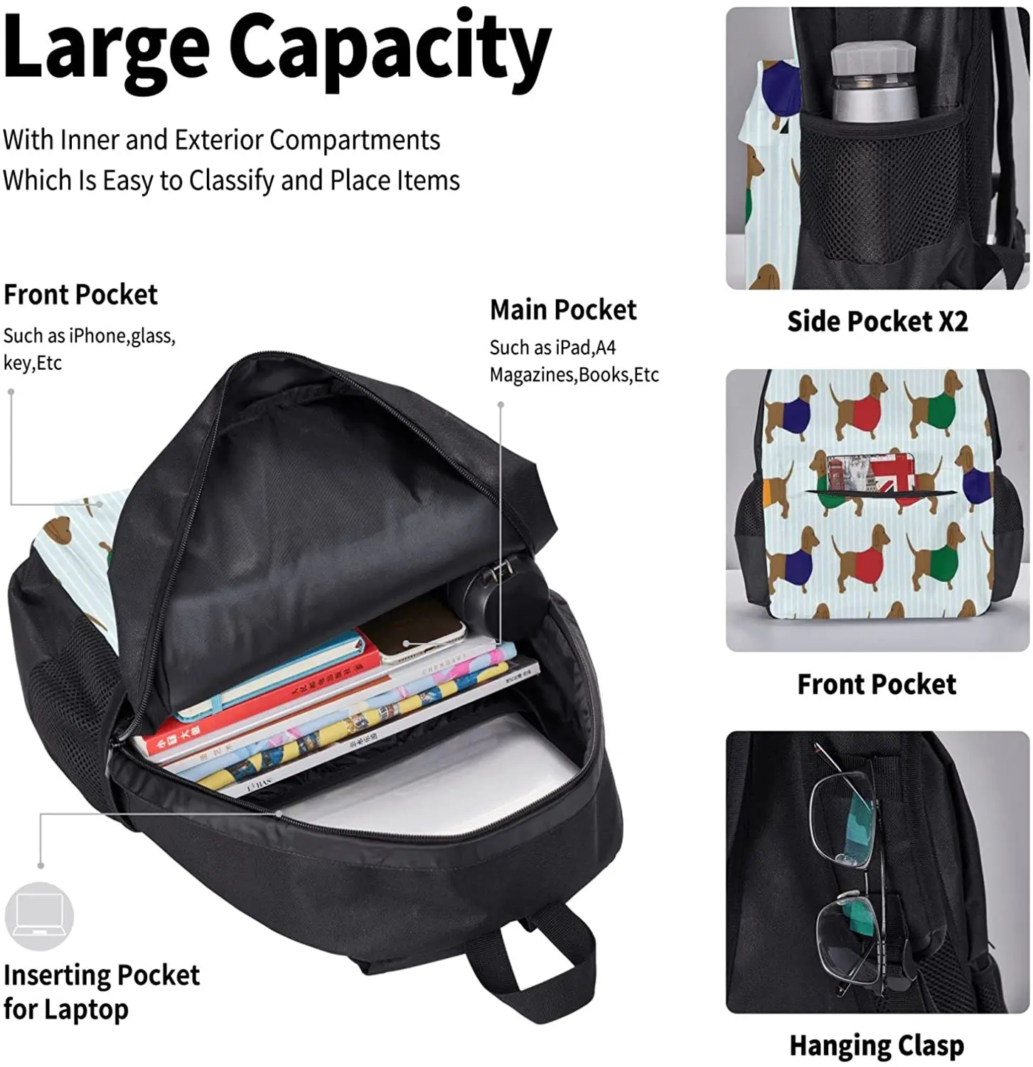 School Backpack Dachshund Dog Cartoon Schoolbag Travel Bag Casual Daypack Lunch Bag Pencil Case for Boys Teens Girls 3pcs Sets