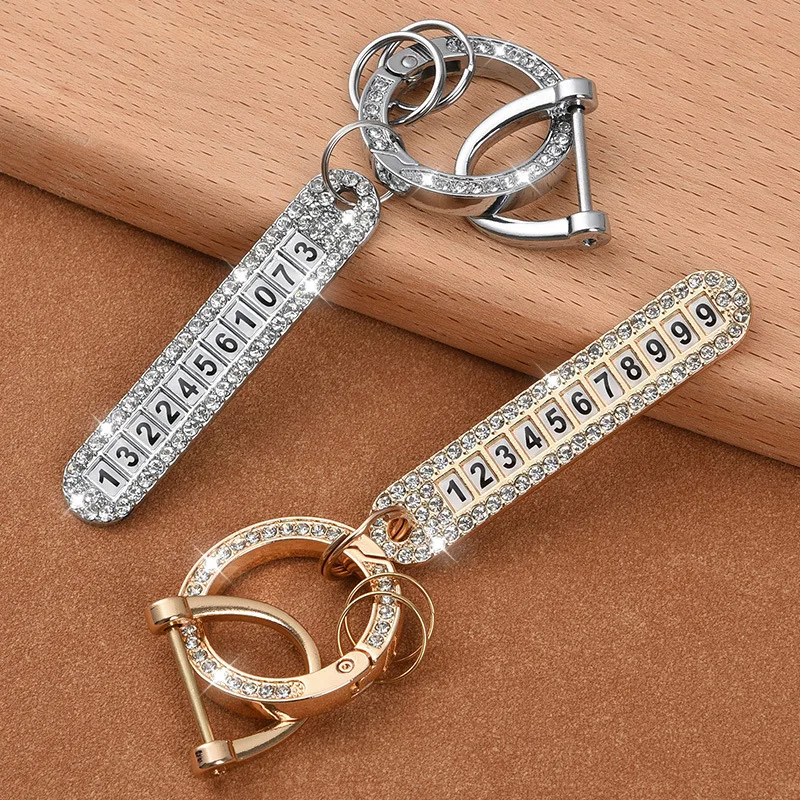 

1pc Car Rhinestone Keychain Key Charm Automobile Key Pendant With Anti-lost Phone Number Plate Exquisite Key Chain Ornament Gift