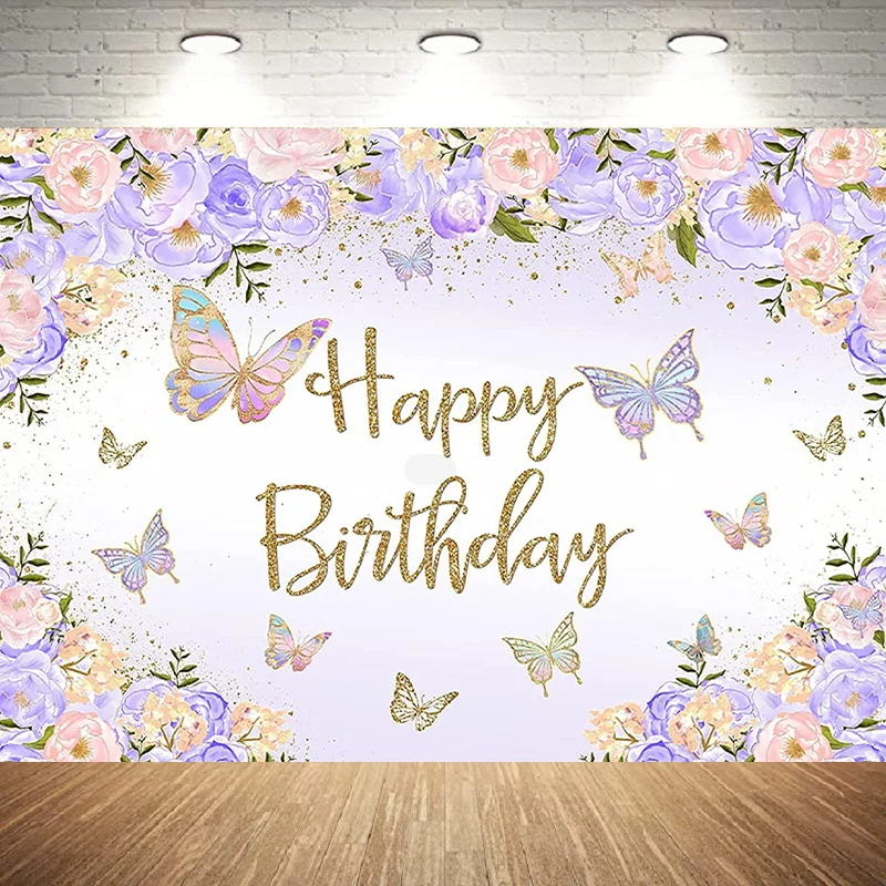 

Purple Butterfly Birthday Backdrop Girl's Purple Peach Floral Pastel Background Pink Lilac Gold Wishes Butterfly Kisses Party