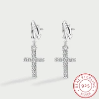 new fashion cross full of diamonds earrings for women girl geometric original genuine sterling silver engagement gift jewelry