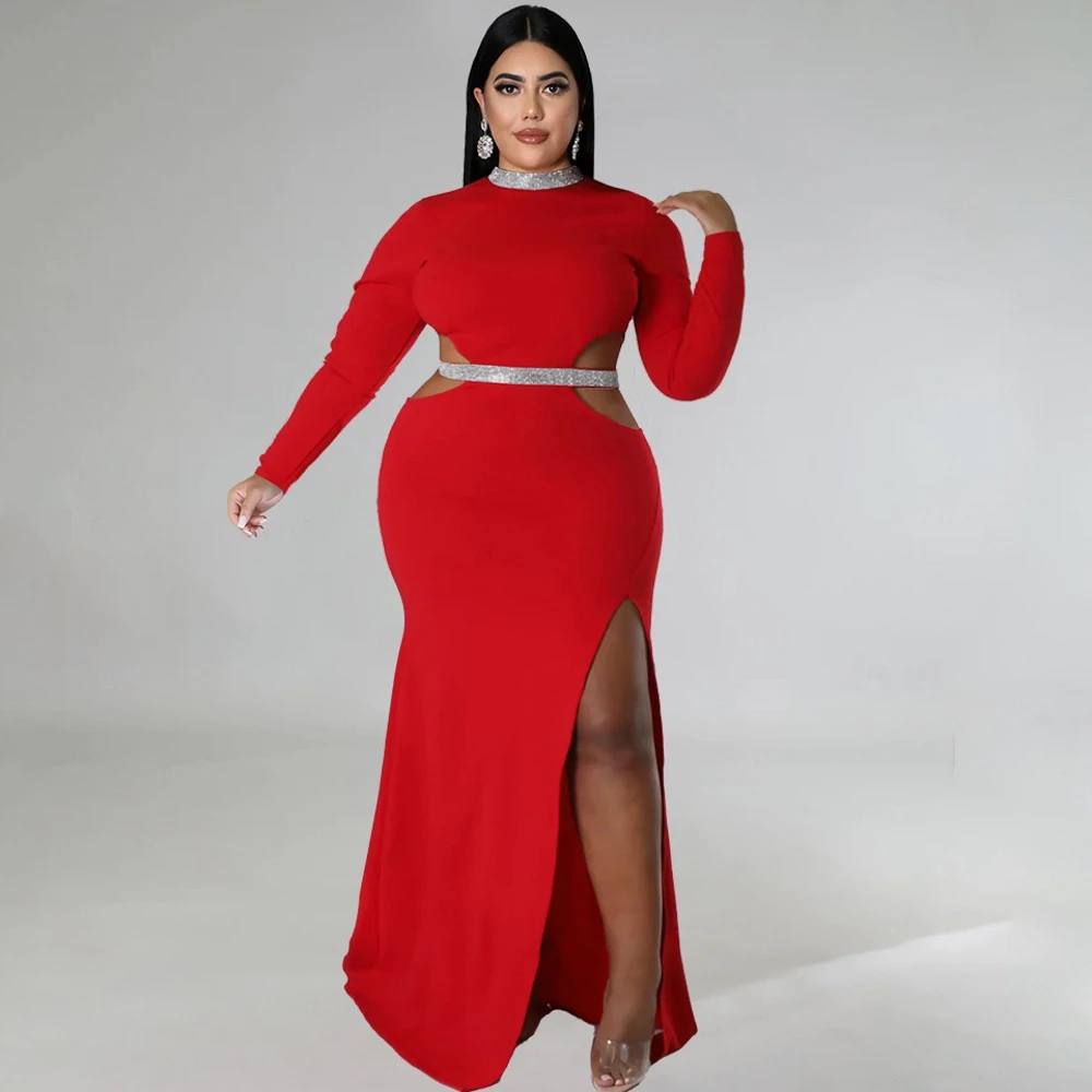 

4XL 3XL Plus Size Dress Women High Waist Hollow Out Robes Autumn New Fashion Sexy Elegant Oversize Party Maxi Dresses Vestidos