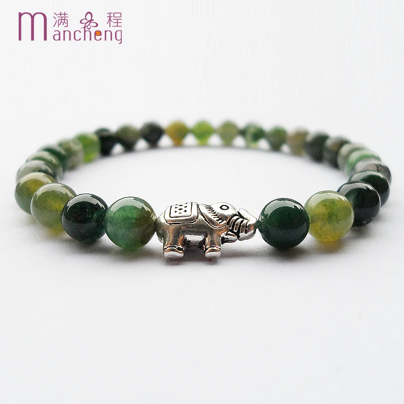 

6MM Natural Stone Beads Strand Moss Agate Elephant Bracelet Women Men Rope Chain Elastic Pulsera Hombre Perfume Silver Plated