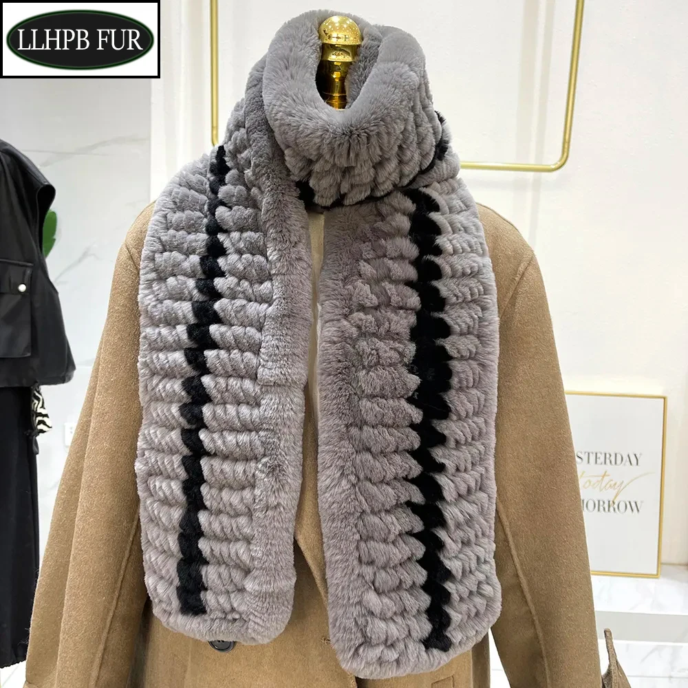 

Winter Hight Quality Women Knitted Real Rex Rabbit Fur Scarf Natural Warm Rex Rabbit Fur Scarves Lady Soft 100% Real Fur Muffler