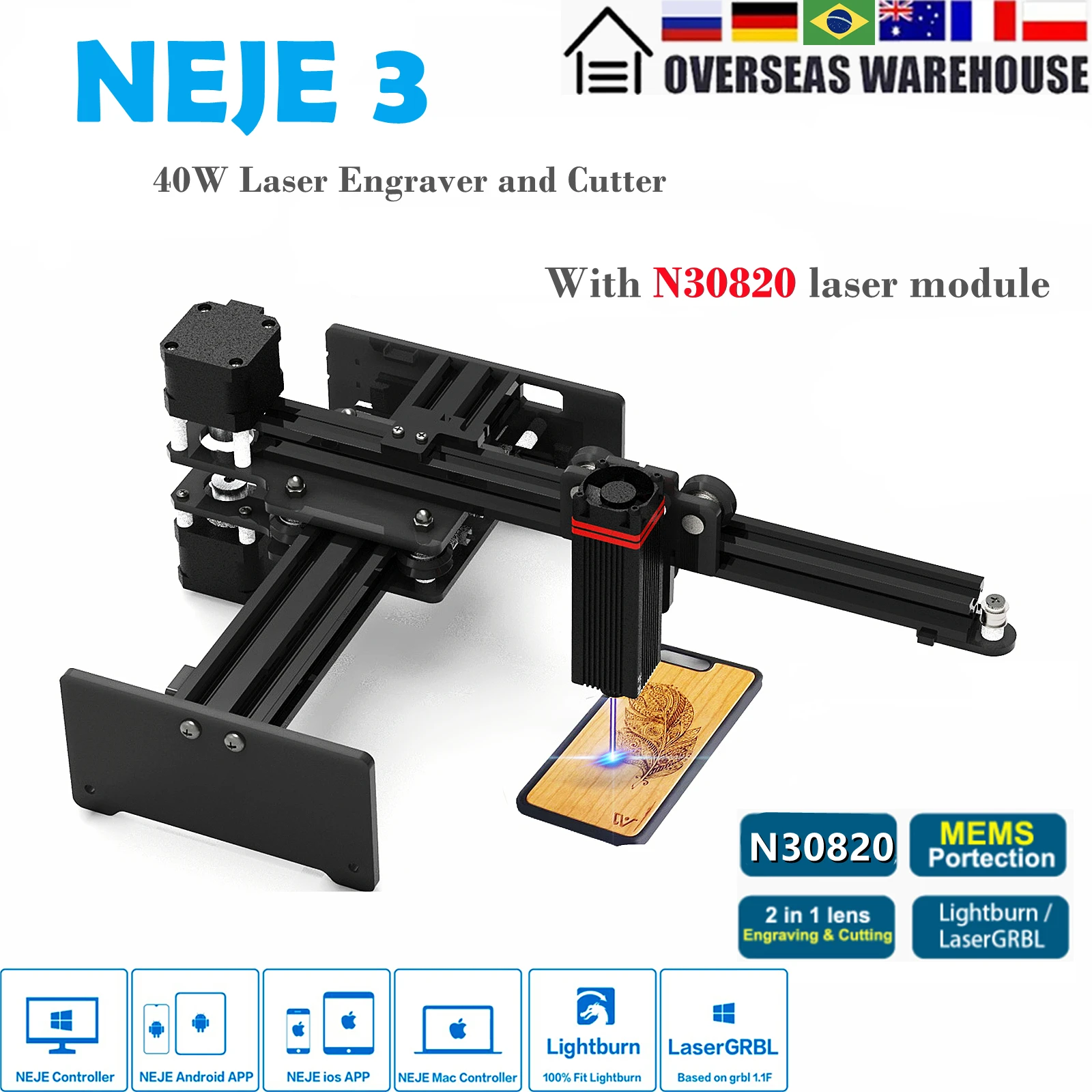 

NEJE 3 N30820 CNC 40w Laser Engraver Cutter Engraving Machine Router Mini Printer Wood Mark Tools Bluetooth APP Lightburn GRBL