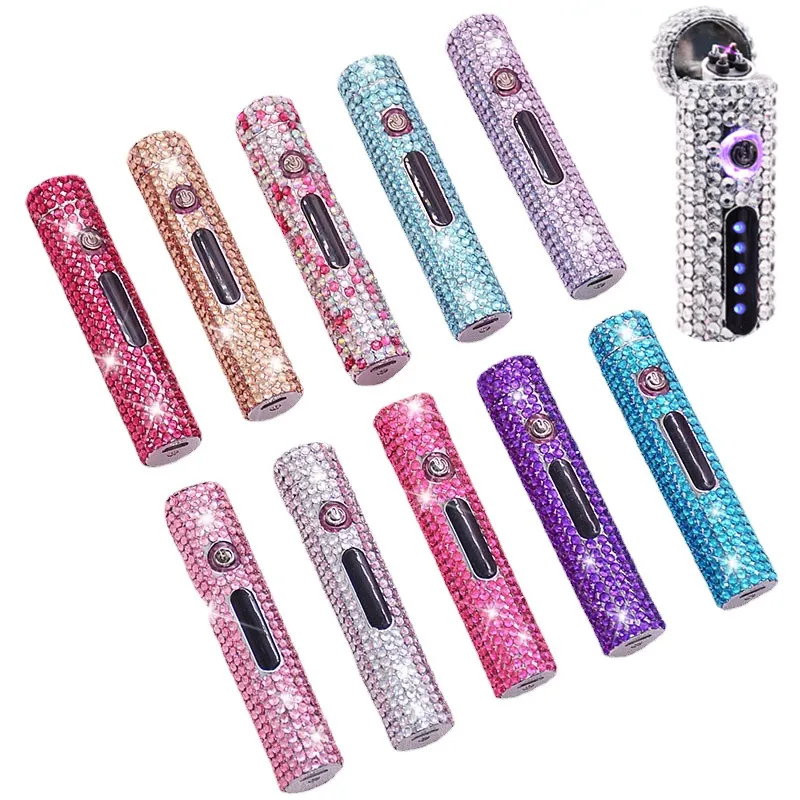 

DIY Rhinestone Lady Lighter Cylindrical USB Rechargeable Lighter with Power Display Cigarette Accessories Small Gift
