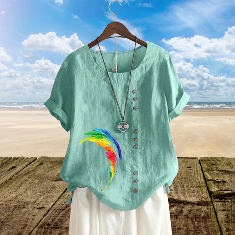 

Женская льняная блузка с принтом перьев, свободная дышащая футболка с круглым вырезом, однотонный топ с коротким рукавом, Новинка лета 2022