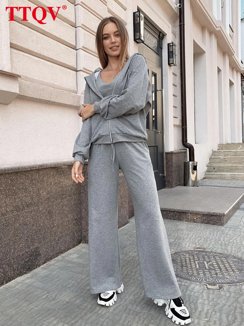 

TTQV Casual Gray Three Piece Sets Womens Outifits Winter Long Sleeve Hoodies + Sleeveless Tank Top With High Waist Trousers Sets