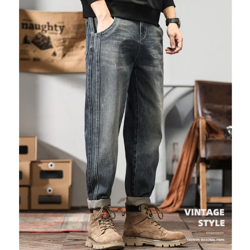 Streetwear Men American Vintage Loose Blue Jeans 2022 Autumn and Winter New Pattern Fashion Straight Cylinder Trousers Female