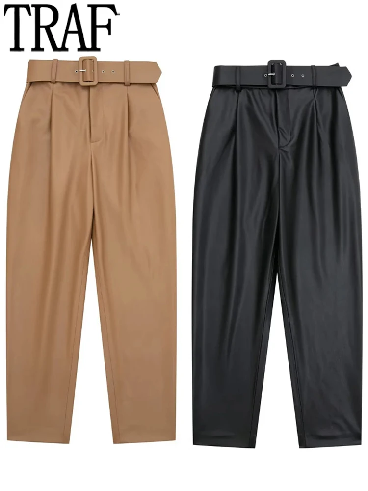 

TRAF Faux Leather Pants Women High Waist Baggy Pants Y2k Streetwear Casual Black Pants Woman 2022 Fashion Office Trousers