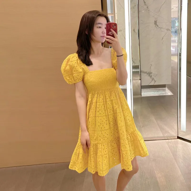 

2023 Summer New Square Neck Embroidered Hollow Puff Sleeve Women Dress
