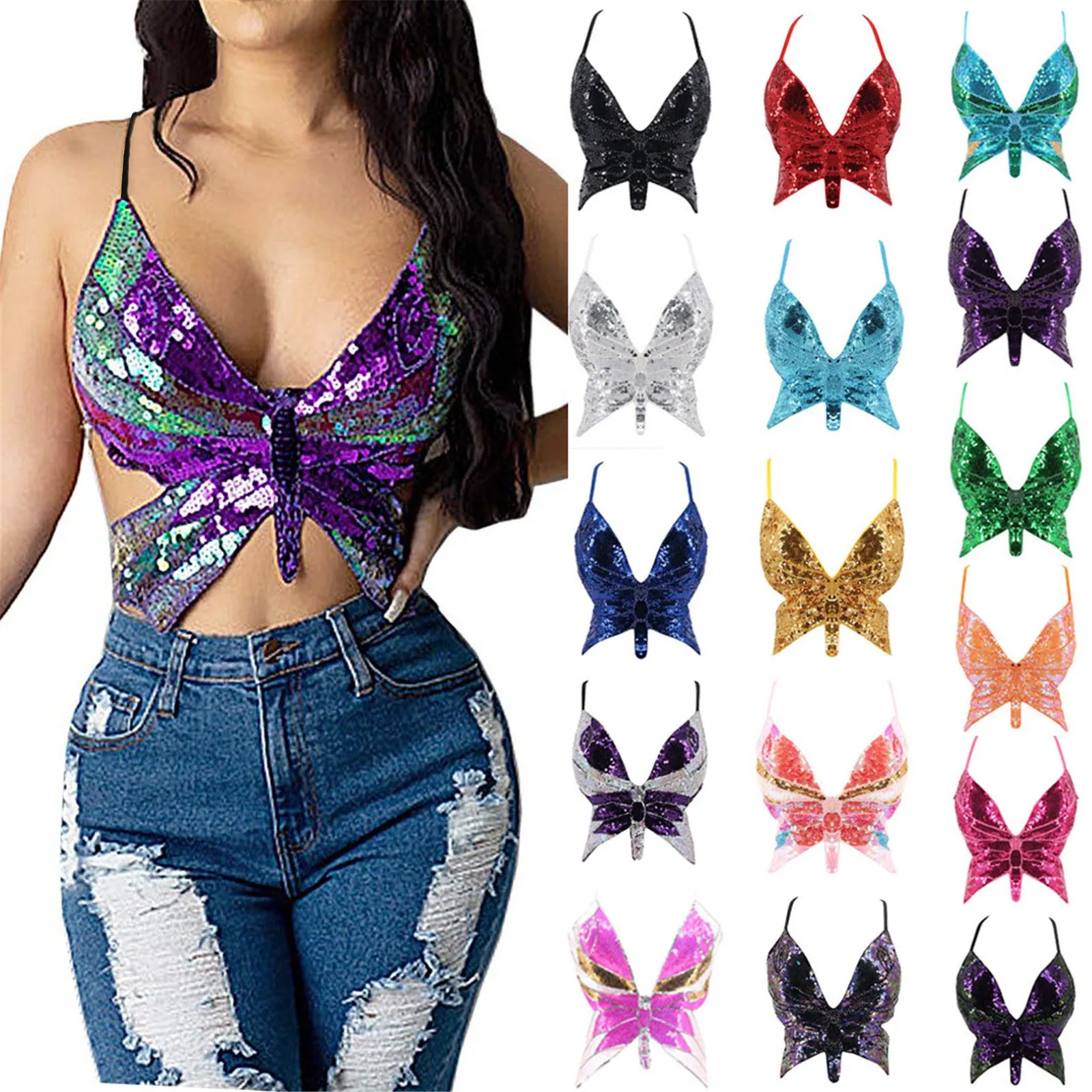 

Butterfly Sequins Halter Crop Tops Women Sexy Deep V-neck Backless Sling Bandage Dance Mini Vest Club Bar Wear Sparkly Cami Top