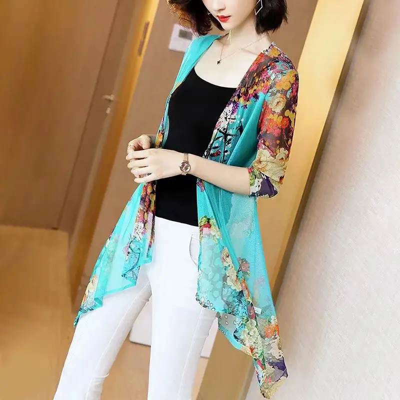 

Woman Lace Print Cardigan Mid-length Summer Mesh Shawl Female Loose Over-the-knee Sun Protection Clothing Jacket Shirts G259