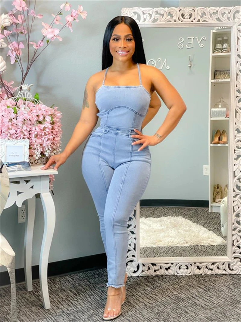 

Sexy Halter Denim Jumpsuits for Women Summer Clothing Backless Lace Up Bandage Bodycon Rompers Playsuits Sexy One Piece Overalls
