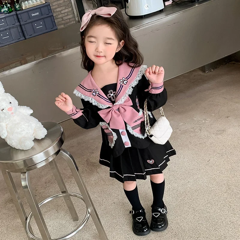 

New Pink Kuromi Jk Sanrios Anime Kawaii Cartoon Sweet Beauty Long Sleeve Bow Tie Two Piece Christmas Halloween Dress Gift Set