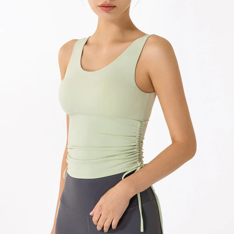 Nylon Drawstring Tank Top  Sleeveless Yoga Shirt  Women Compression Workout Top Sports Shirt with Padded Bra
