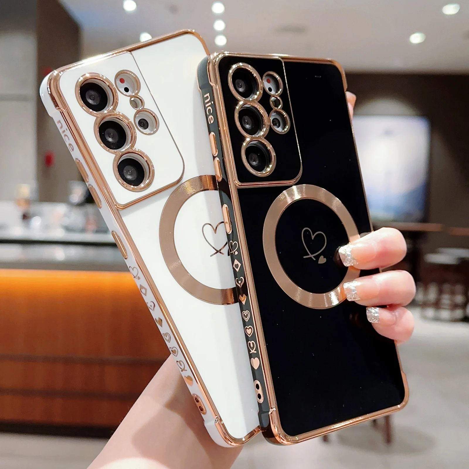 

Роскошный Магнитный чехол Magsafe для Samsung Galaxy S23 S22 S21 Ultra S20 FE, Мягкий противоударный чехол с сердечками и покрытием