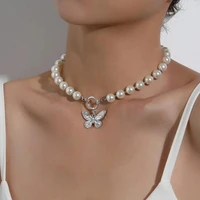 new antique retro pearl chain necklace with butterfly pendant charms silvery neck jewelry for women party gift ideas