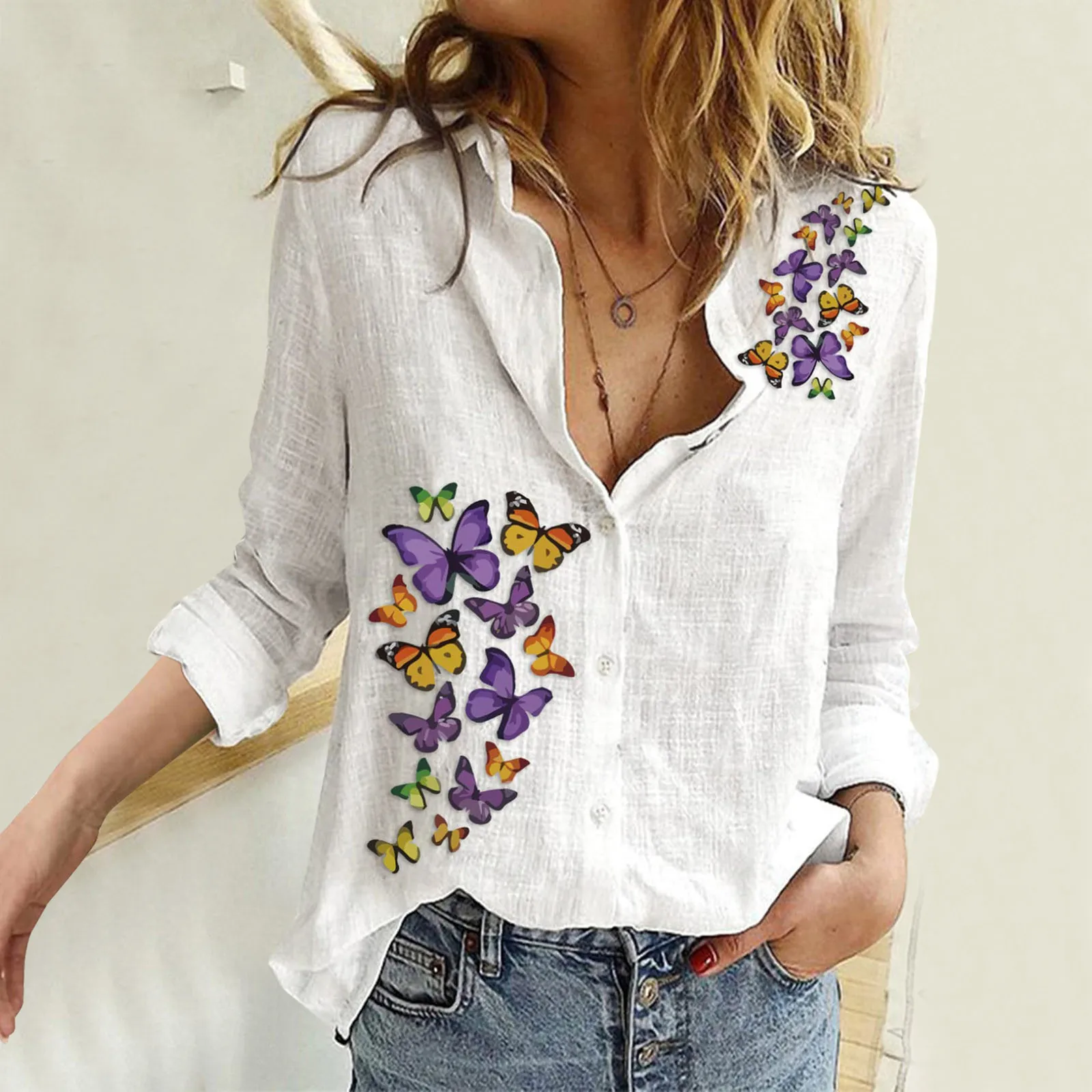 

Women Button Down Shirts V Neck Fashion Casual 3D Butterfly Print Long Sleeve Roll Up Loose Plain Blouses Female Tops Streetwear