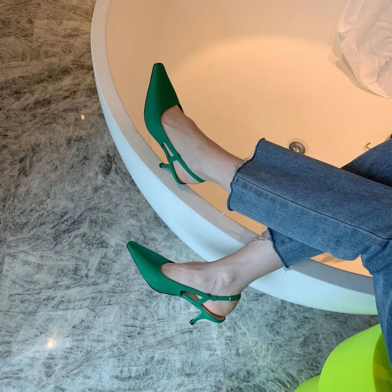 

Fashionable and Versatile Solid Color Single Shoes Simple Style Summer Pointed Closed Shallow Mouth Green Low Heels