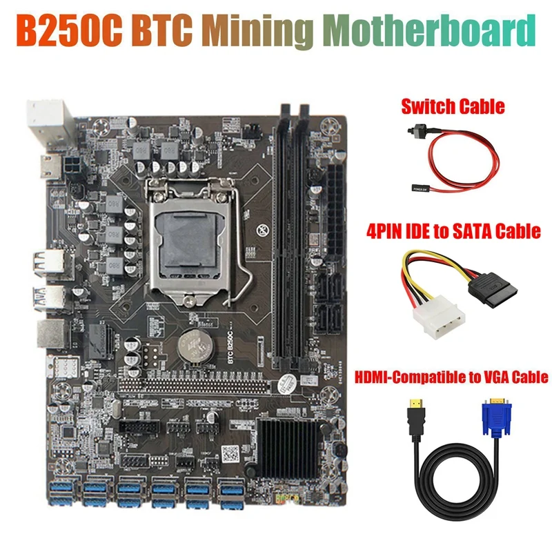 

B250C Mining Motherboard With 4PIN IDE To SATA Cable+HD To VGA Cable+Switch Cable 12 PCIE To USB3.0 GPU Slot LGA1151