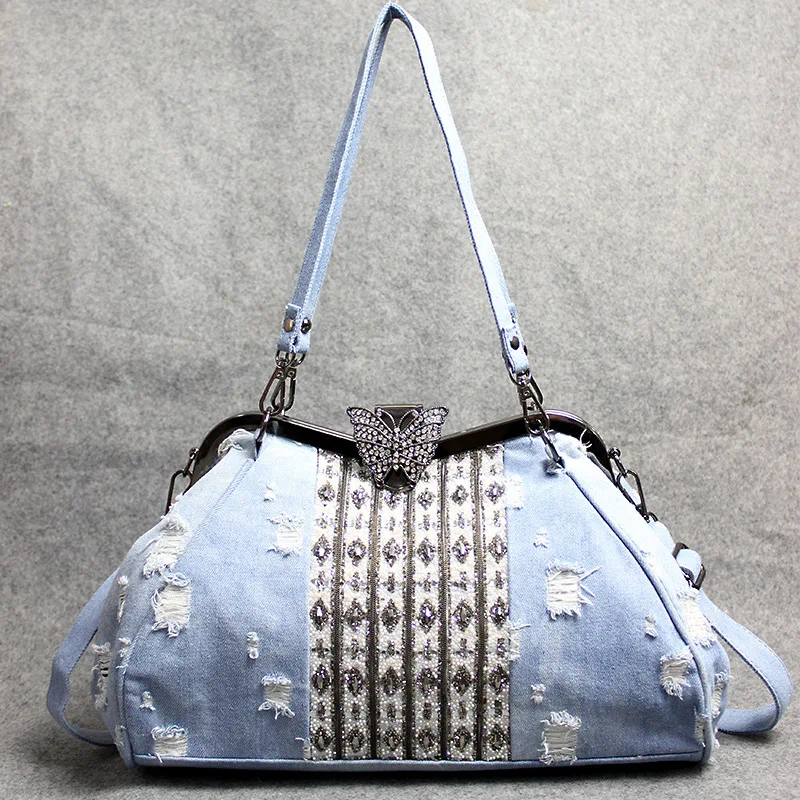 

Luxury Diamond Denim Shoulder Bag Rhinestones Decorative Women Casual Handbag High Quality Girl Messenger Bags Dress Vintage Bag