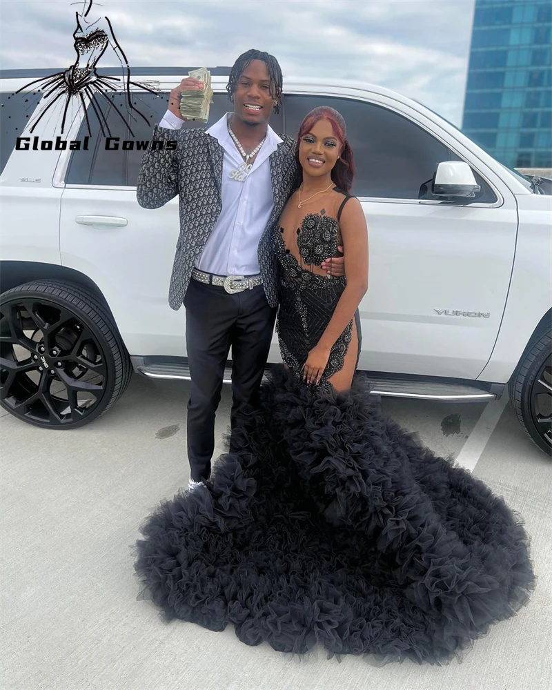 

Sheer O Neck Long Prom Dress For Black Girls 2023 Beaded Tassel Birthday Party Dresses Ruffles Evening Gowns Mermaid Robe De Bal