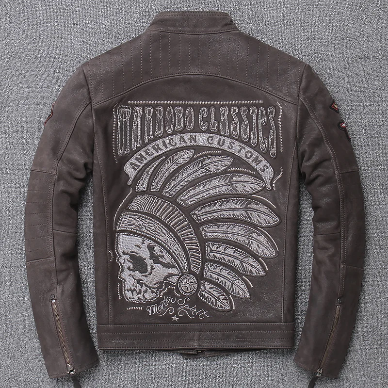 

YR!Free shipping.Wholesales.Brand motor biker genuine leather jacket.Indian embroidery cow leather coat.plus size slim cloth