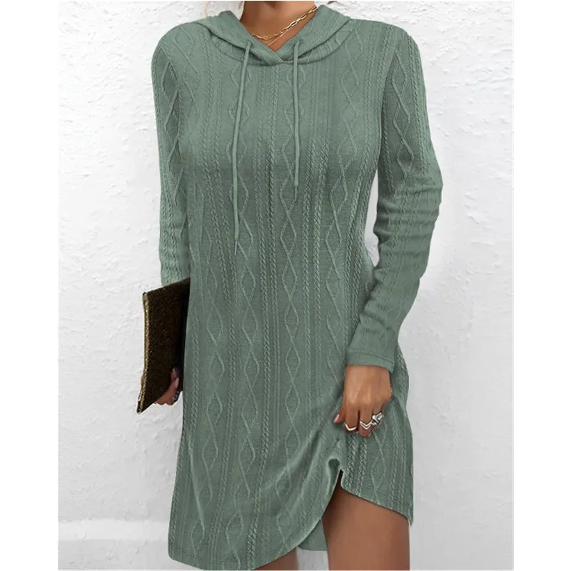 

2023 Autumn New Solid Long Sleeve Hooded Pullover Dress For Women Casual Loose Lace-Up Hoodies A-Line Mini Dresses Vestidos