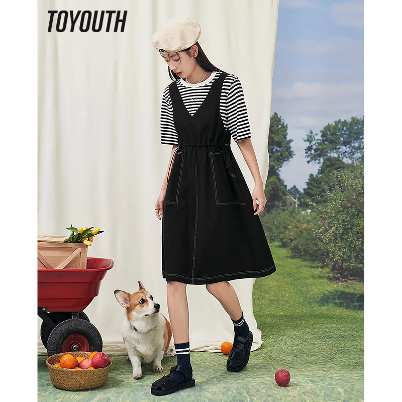 Toyouth Women Fake Two Piece Dress 2023 Summer Short Sleeve O Neck Drawstring Waist Cute Chic Striped Patchwork Denim Skirt