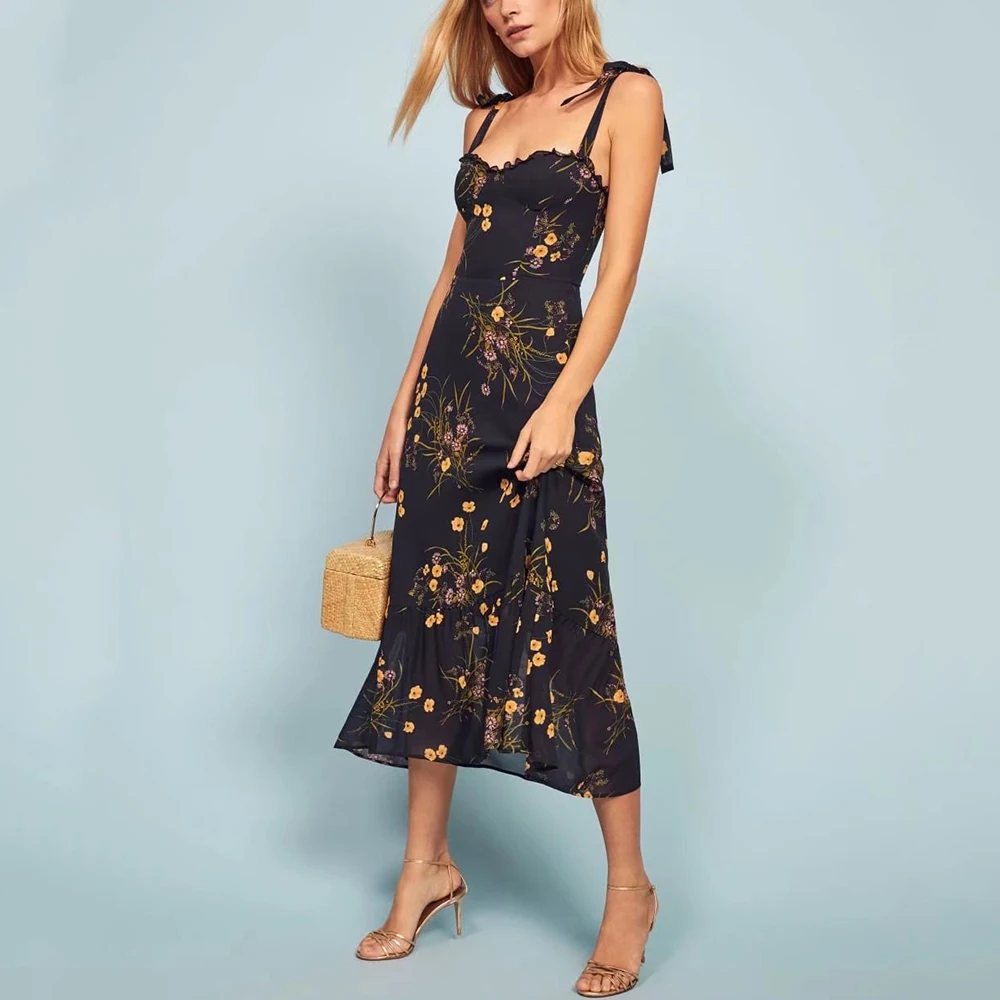 

2022 Summer Dresses For Women Elegant Vintage Floral Dress Frill Sweetheart Neck Sleeveless Strap Tie Ruffle Hem Beach Dress