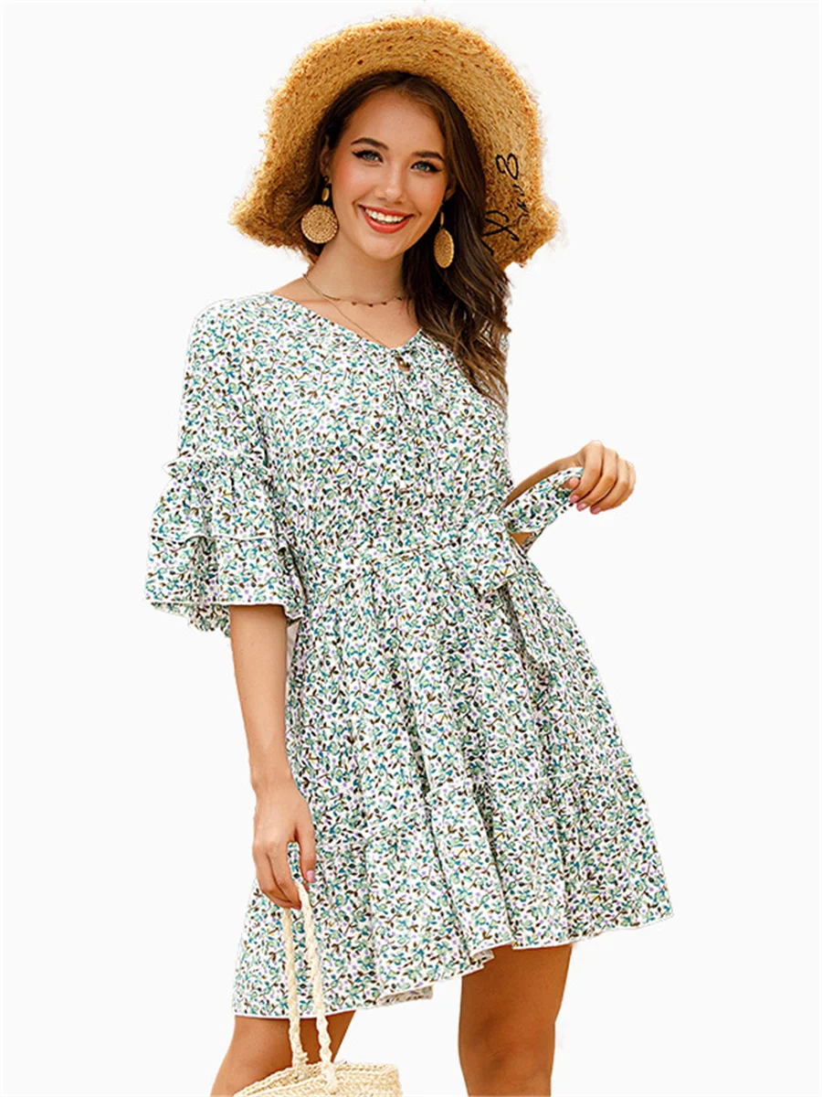 Women Spring Summer Style Dress Lady Casaul Short Sleeve O-Neck Flower Printed Mini Pleated Dress SS3995