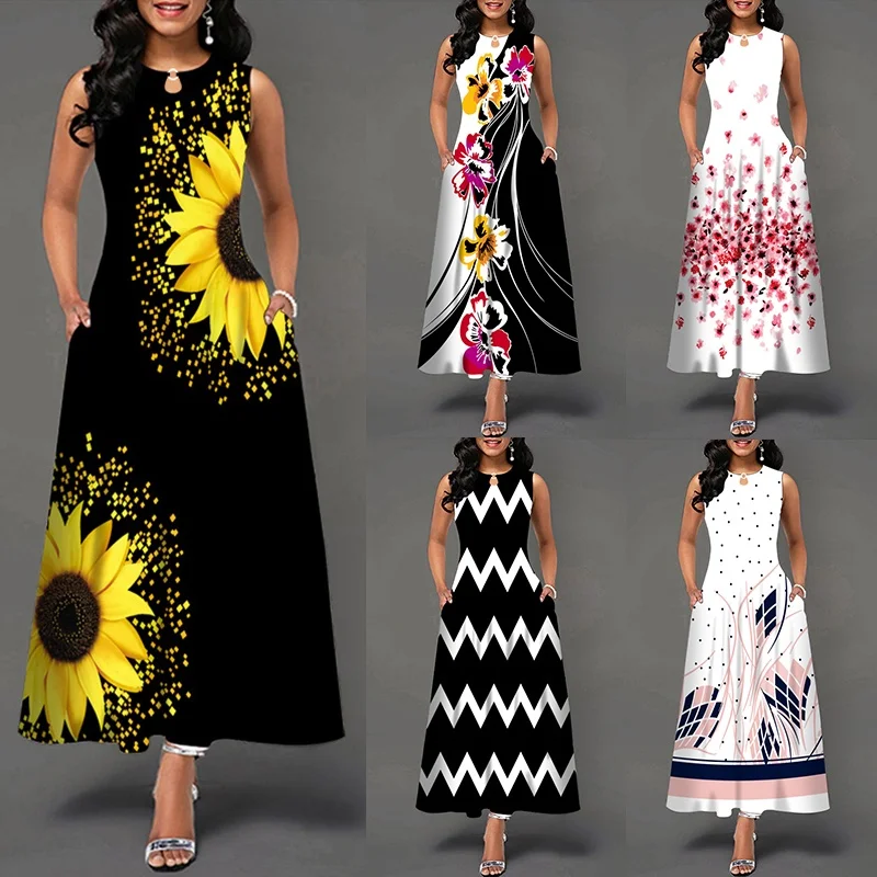 

Summer Casual Women Sleeveless Printing Floral Maxi Dress A-LINE Boho Pocket Vintage Plus Size Sunflower Flowers Dress