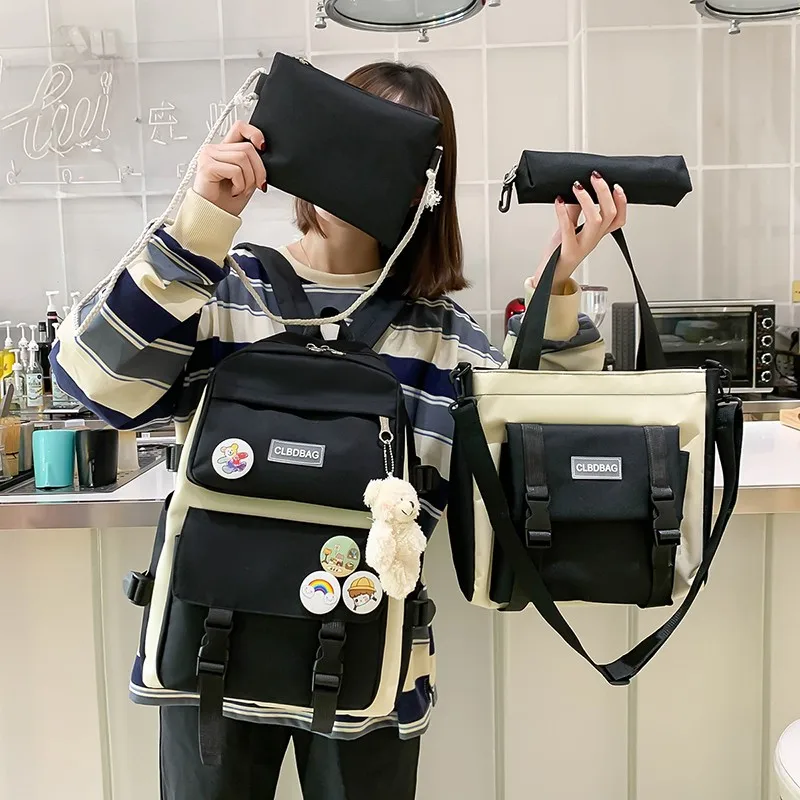

4 Pcs Set Harajuku Women Laptop Backpack Canvas School Bags For Teenage Girls Kawaii College Student Kids Book Bag Rucksack 2022