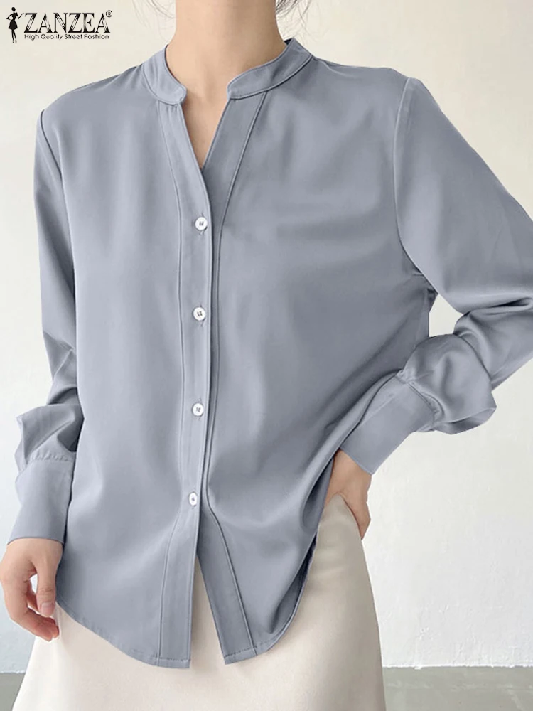 

Рубашка ZANZEA Женская с длинным рукавом, Элегантная атласная блузка в офисном стиле, Повседневная однотонная свободная Деловая одежда с V-образным вырезом, весна-осень