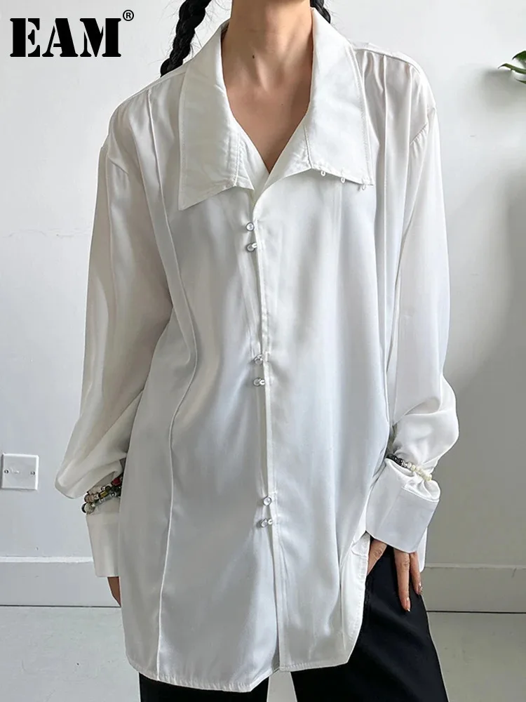 Женская винтажная блузка [EAM] белая/черная большого размера с длинными рукавами и