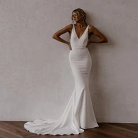 simple satin deep v neck mermaid wedding dress for women 2022 balckless buttons illusion elegant bridal gowns court train