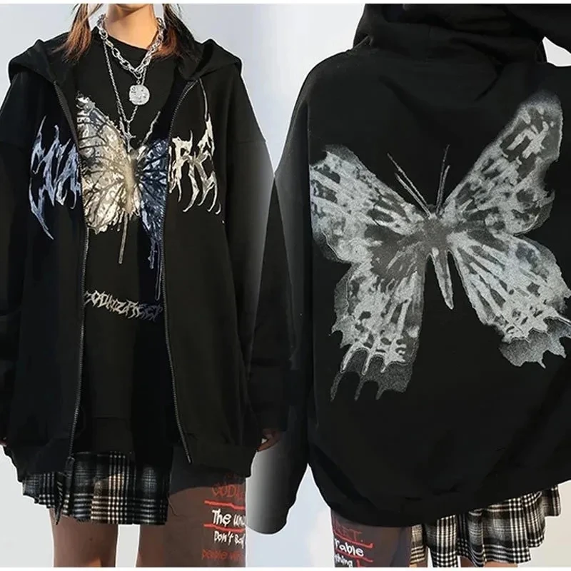 

Women's Hip Hop Y2k Hoodie Butterfly Print Jacket Street Style Jacket Women's Zip-Up Jacket 2022 Spring Autumn Jacket Top