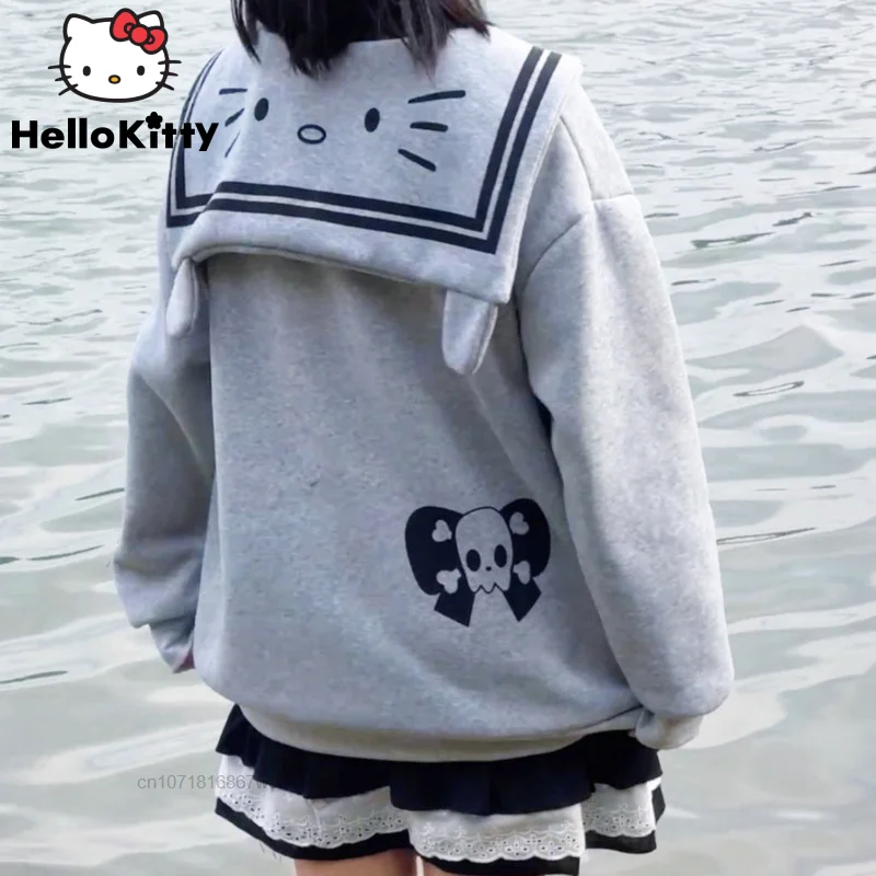 Hello Kitty Sanrio Sweatshirt Hoodies Kawaii Harajuku Y2k Women Korean Style Loose Zip Up Gothic Jacket Oversize Sailor Collar