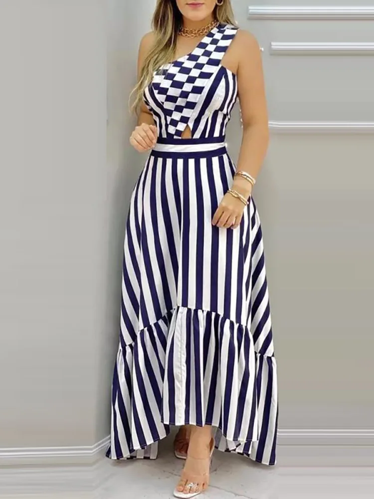 New Dresses For Women Party Printed Hollow Out Skew Collar Sexy Sleeveless Ladies Dress One Off Shoulder Streetwear Dropshipping |