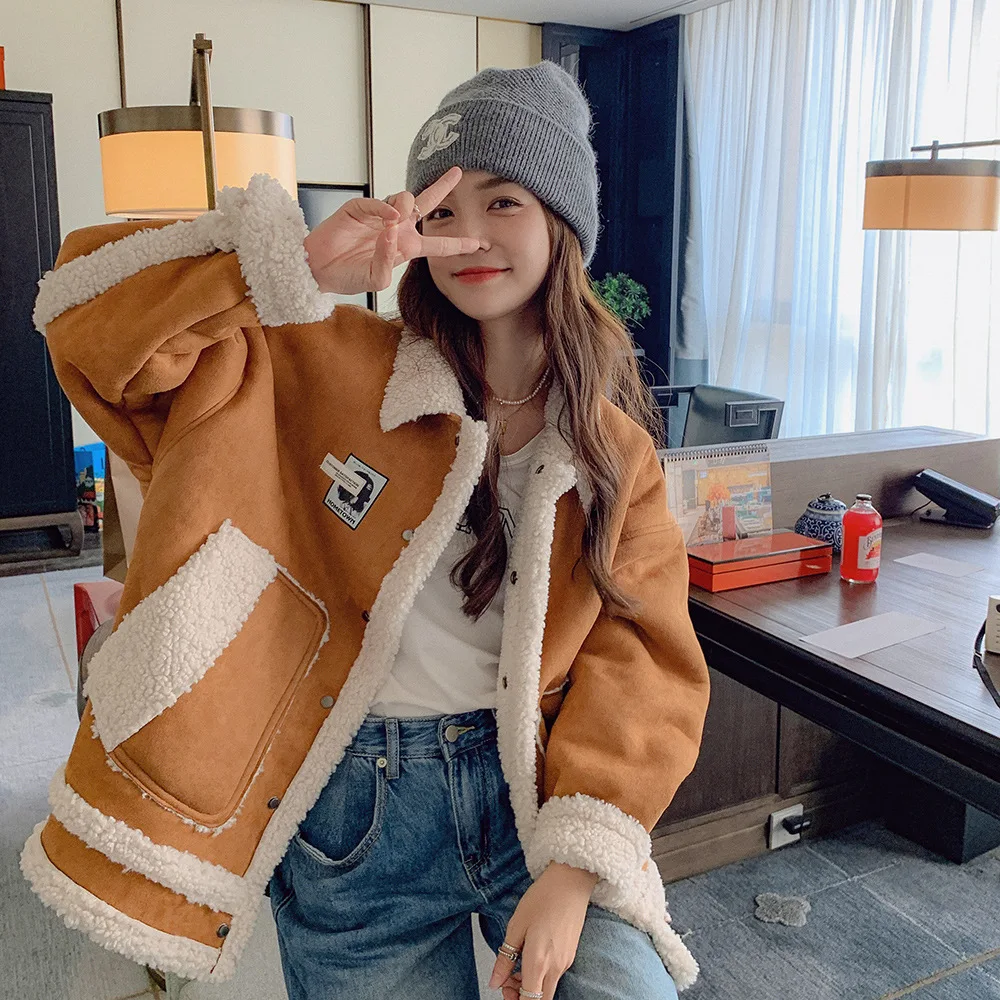 Lamb wool girl thickened cotton coat in winter
