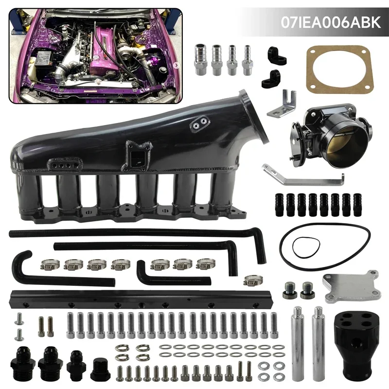Фото Подходит для Nissan Skyline R32 RB20DET 2,0 л, впускной коллектор двигателя, топливная рейка, корпус дроссельной заслонки 90 мм 1989-1994, черный/серебристый №1