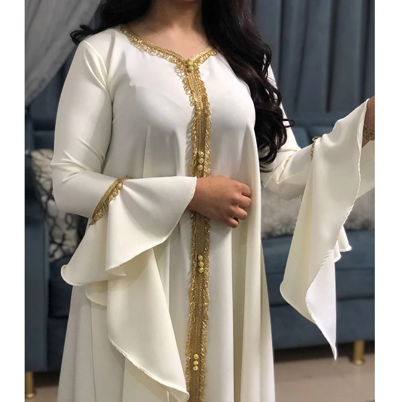 Мусульманское платье, женская Абая Jalabiya, модное свободное платье с расширяющимся книзу рукавом и лентой, кафтан, Арабская одежда, синее и бе...